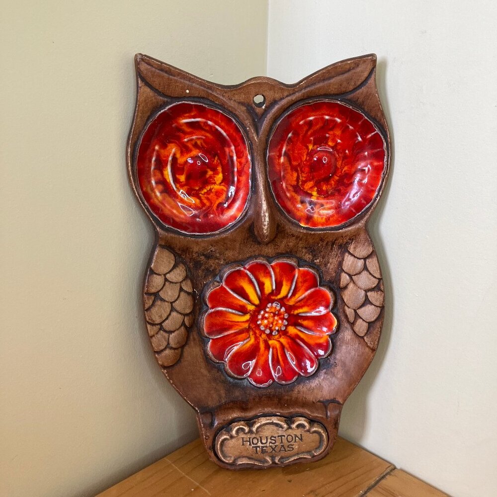 Treasure Craft Ceramic Owl Trinket Dish or Wall Hanging Vintage 70s Houston USA